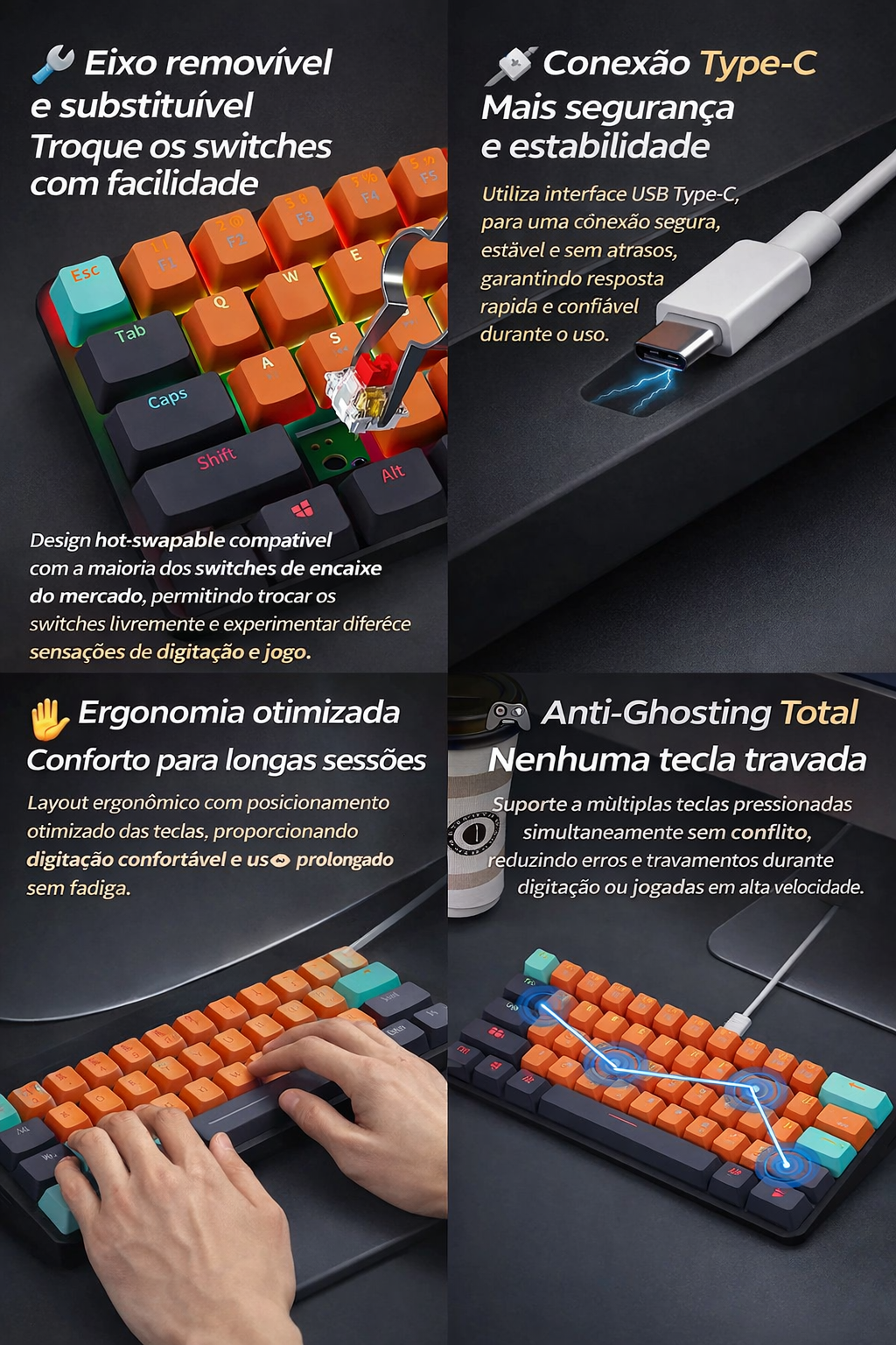 NNEOBA USB Mini Teclado Mecânico Gamer 61 Switch Red