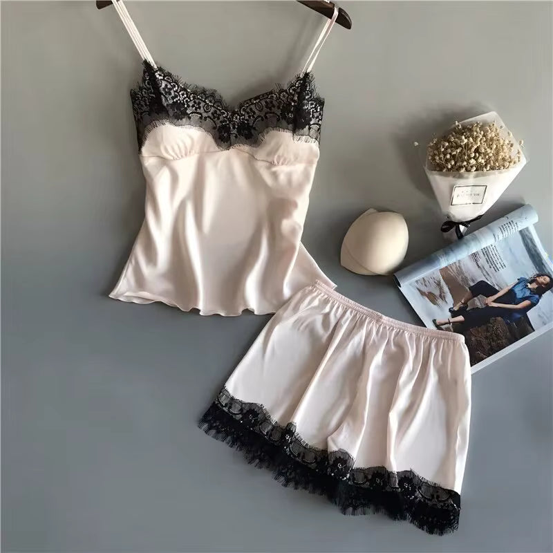 Mulheres pijama terno moda com decote em v renda lingerie sexy pijamas sono shorts conjunto pijamas novo