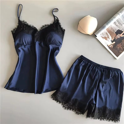 Mulheres pijama terno moda com decote em v renda lingerie sexy pijamas sono shorts conjunto pijamas novo