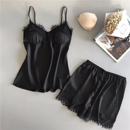Mulheres pijama terno moda com decote em v renda lingerie sexy pijamas sono shorts conjunto pijamas novo
